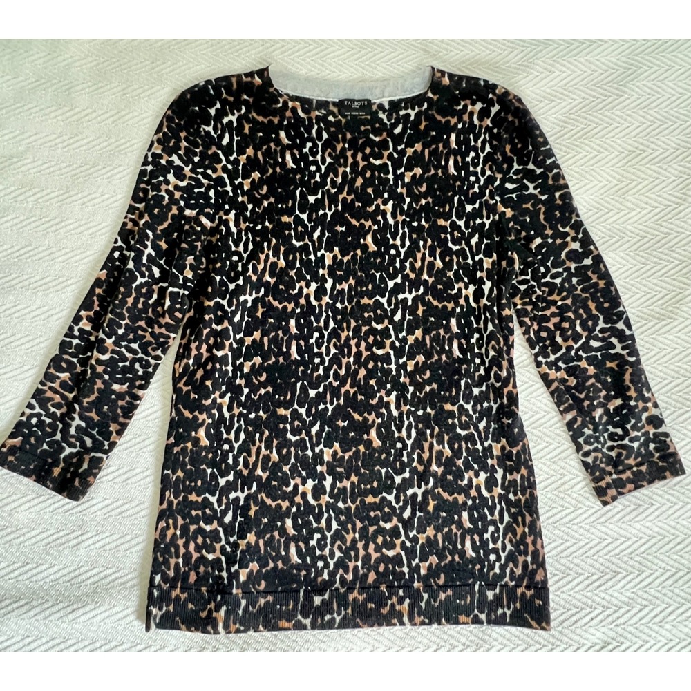 Talbots Petites Merino Wool Leopard Print Sweater SP Crew Neck 3/4 Sleeve
